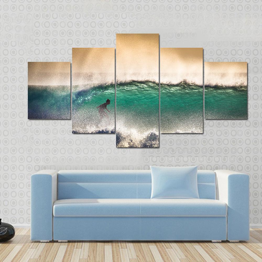 Surfer On Blue Ocean Wave in Bali Indonesia Canvas Wall Art-5 Star-Gallery Wrap-62" x 32"-Tiaracle