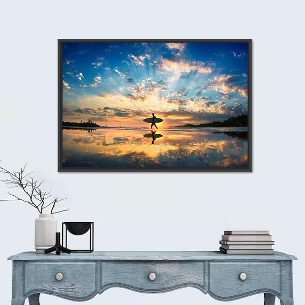 Surfer On Sea Shore Canvas Wall Art-1 Piece-Floating Frame-24" x 16"-Tiaracle