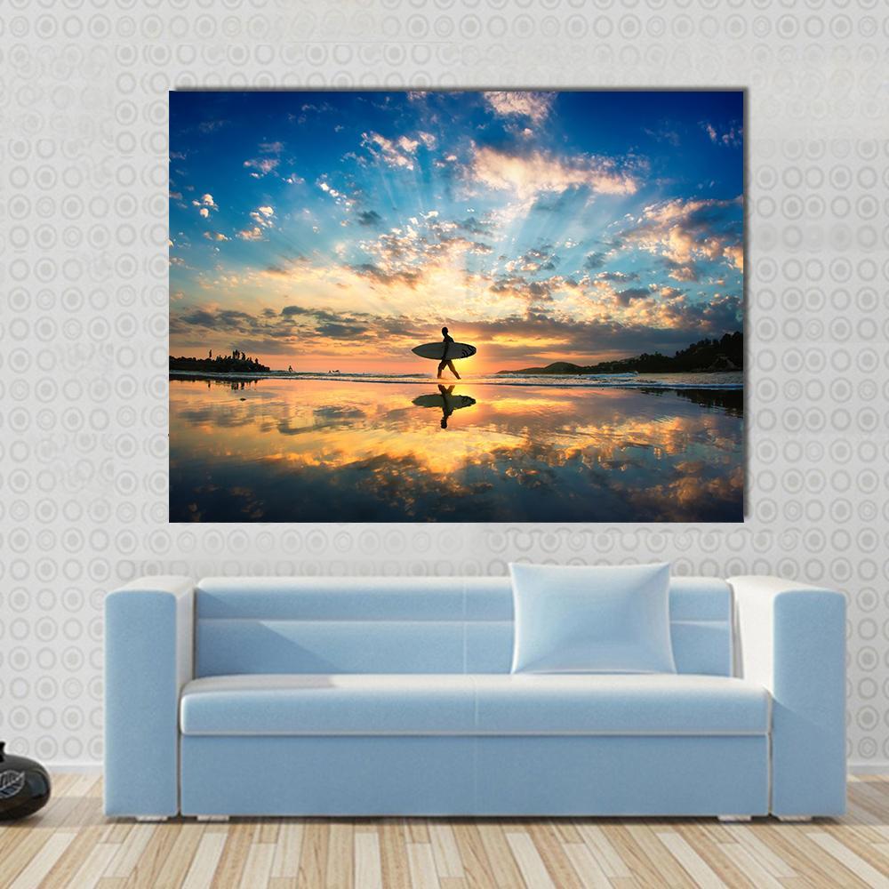 Surfer On Sea Shore Canvas Wall Art-1 Piece-Gallery Wrap-48" x 32"-Tiaracle