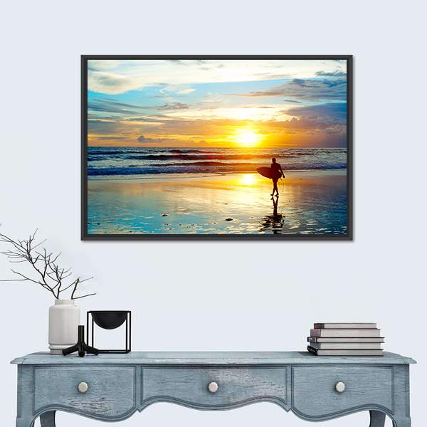 Surfer On The Ocean Beach At Sunset On Bali Island Indonesia Canvas Wall Art-1 Piece-Floating Frame-24" x 16"-Tiaracle