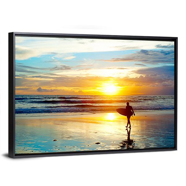 Surfer On The Ocean Beach At Sunset On Bali Island Indonesia Canvas Wall Art-3 Horizontal-Gallery Wrap-25" x 16"-Tiaracle