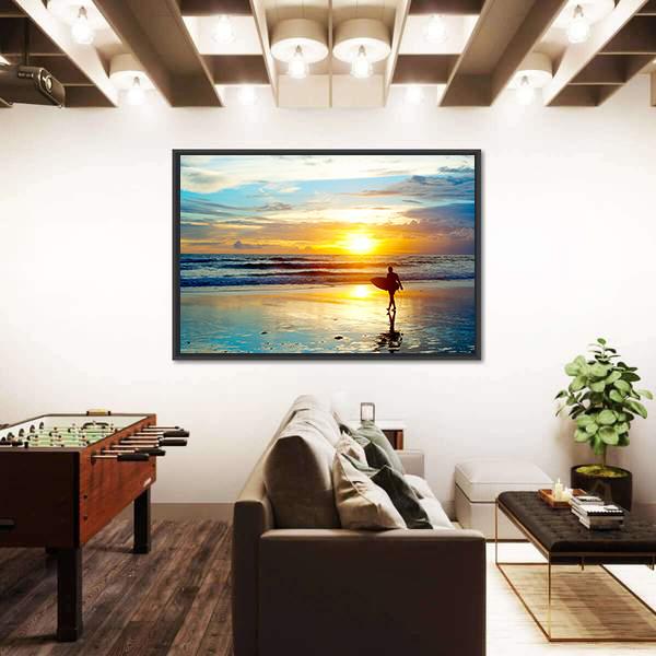 Surfer On The Ocean Beach At Sunset On Bali Island Indonesia Canvas Wall Art-3 Horizontal-Gallery Wrap-25" x 16"-Tiaracle