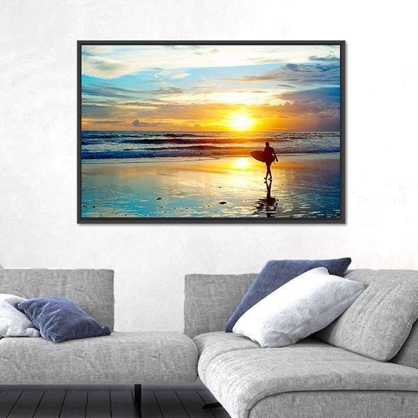 Surfer On The Ocean Beach At Sunset On Bali Island Indonesia Canvas Wall Art-3 Horizontal-Gallery Wrap-25" x 16"-Tiaracle