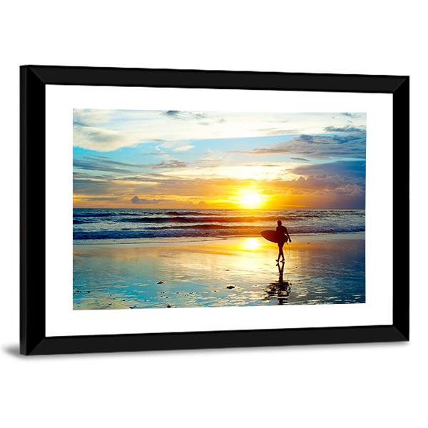 Surfer On The Ocean Beach At Sunset On Bali Island Indonesia Canvas Wall Art-3 Horizontal-Gallery Wrap-25" x 16"-Tiaracle