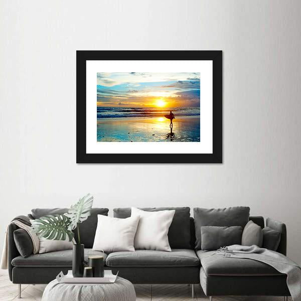 Surfer On The Ocean Beach At Sunset On Bali Island Indonesia Canvas Wall Art-3 Horizontal-Gallery Wrap-25" x 16"-Tiaracle