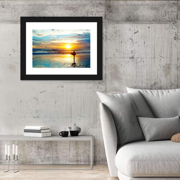 Surfer On The Ocean Beach At Sunset On Bali Island Indonesia Canvas Wall Art-3 Horizontal-Gallery Wrap-25" x 16"-Tiaracle