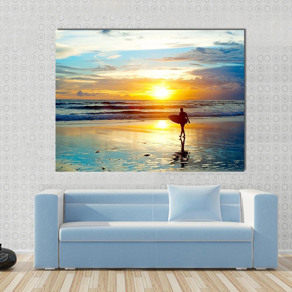 Surfer On The Ocean Beach At Sunset On Bali Island Indonesia Canvas Wall Art-1 Piece-Gallery Wrap-48" x 32"-Tiaracle