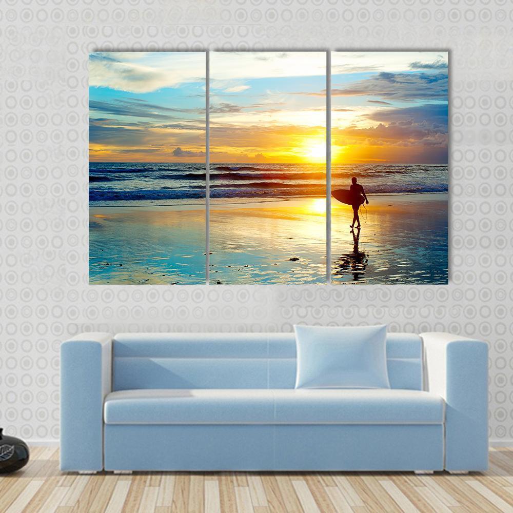 Surfer On The Ocean Beach At Sunset On Bali Island Indonesia Canvas Wall Art-3 Horizontal-Gallery Wrap-37" x 24"-Tiaracle