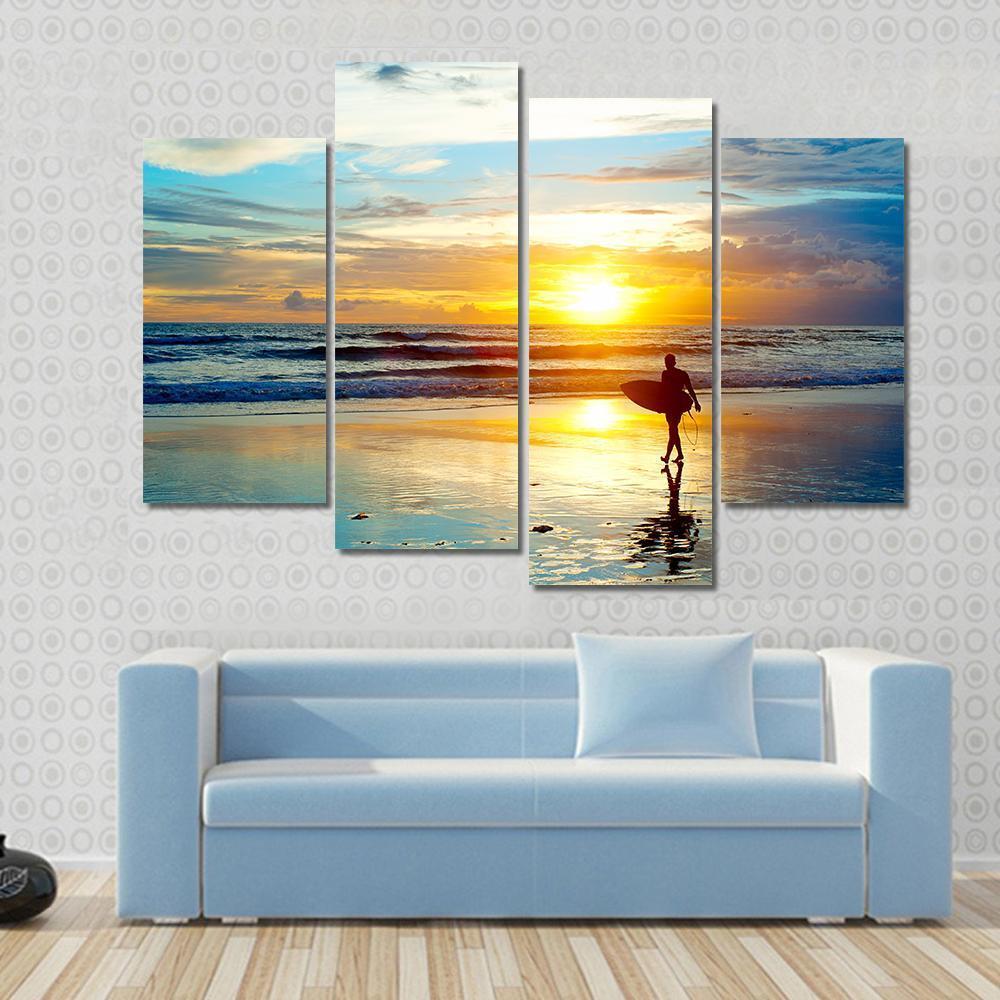 Surfer On The Ocean Beach At Sunset On Bali Island Indonesia Canvas Wall Art-4 Pop-Gallery Wrap-50" x 32"-Tiaracle