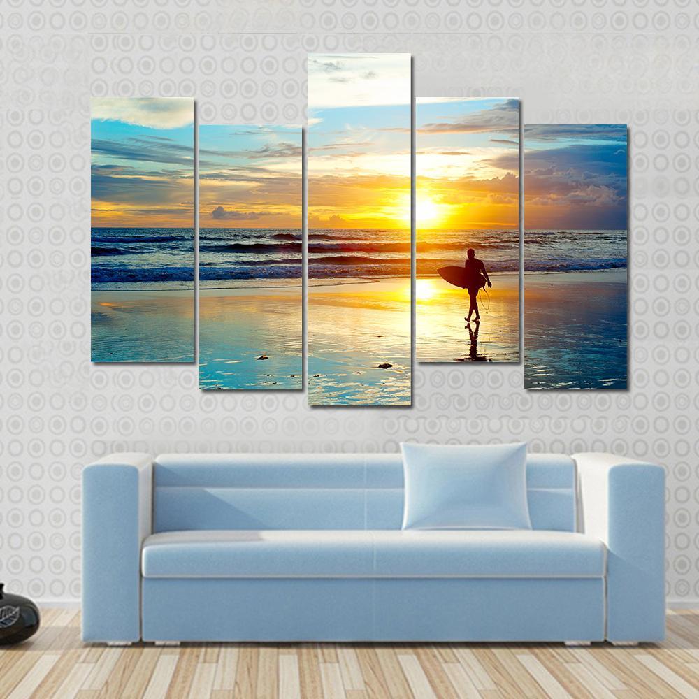 Surfer On The Ocean Beach At Sunset On Bali Island Indonesia Canvas Wall Art-5 Pop-Gallery Wrap-47" x 32"-Tiaracle