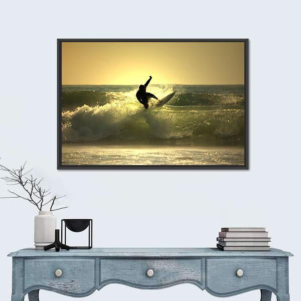 Surfer Surfing At Sunset Canvas Wall Art-1 Piece-Floating Frame-24" x 16"-Tiaracle