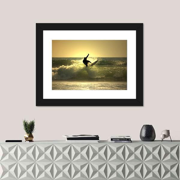 Surfer Surfing At Sunset Canvas Wall Art-1 Piece-Framed Print-20" x 16"-Tiaracle