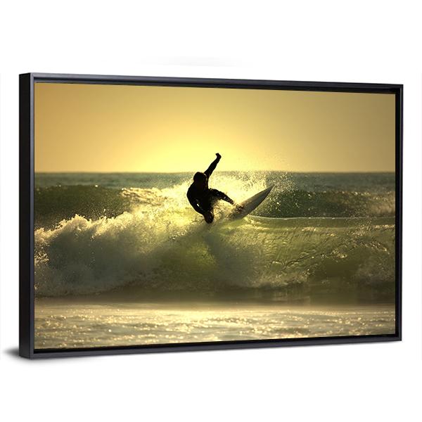 Surfer Surfing At Sunset Canvas Wall Art-3 Horizontal-Gallery Wrap-25" x 16"-Tiaracle