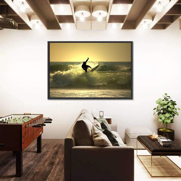 Surfer Surfing At Sunset Canvas Wall Art-3 Horizontal-Gallery Wrap-25" x 16"-Tiaracle