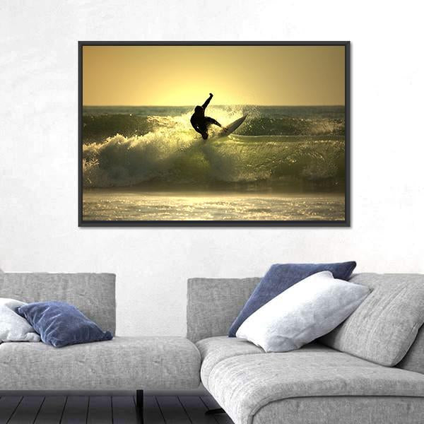 Surfer Surfing At Sunset Canvas Wall Art-3 Horizontal-Gallery Wrap-25" x 16"-Tiaracle