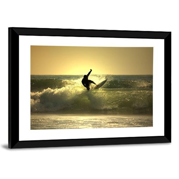 Surfer Surfing At Sunset Canvas Wall Art-3 Horizontal-Gallery Wrap-25" x 16"-Tiaracle