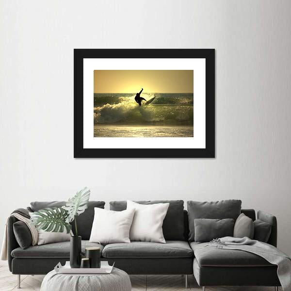 Surfer Surfing At Sunset Canvas Wall Art-3 Horizontal-Gallery Wrap-25" x 16"-Tiaracle