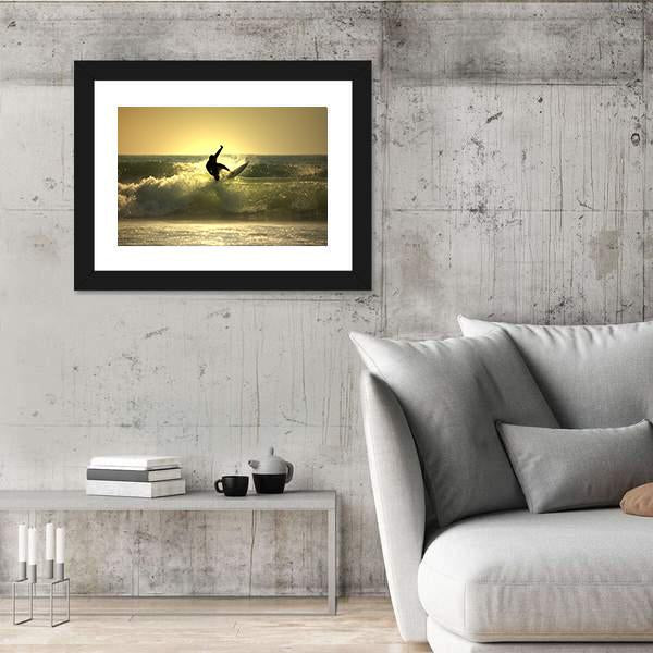 Surfer Surfing At Sunset Canvas Wall Art-3 Horizontal-Gallery Wrap-25" x 16"-Tiaracle