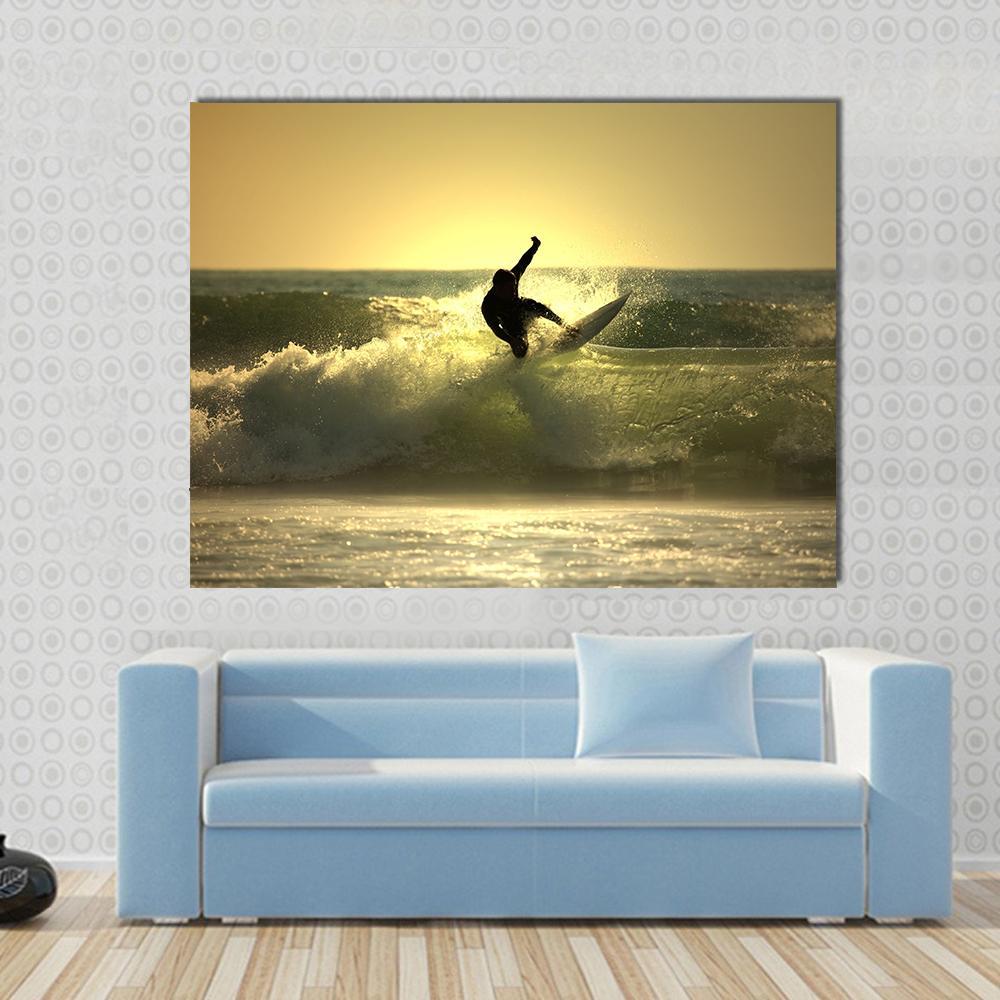 Surfer Surfing At Sunset Canvas Wall Art-1 Piece-Gallery Wrap-48" x 32"-Tiaracle