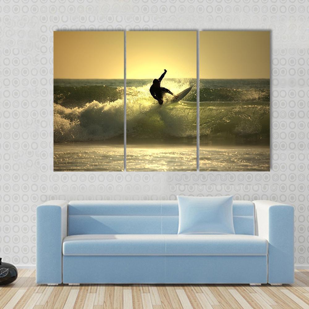 Surfer Surfing At Sunset Canvas Wall Art-3 Horizontal-Gallery Wrap-37" x 24"-Tiaracle