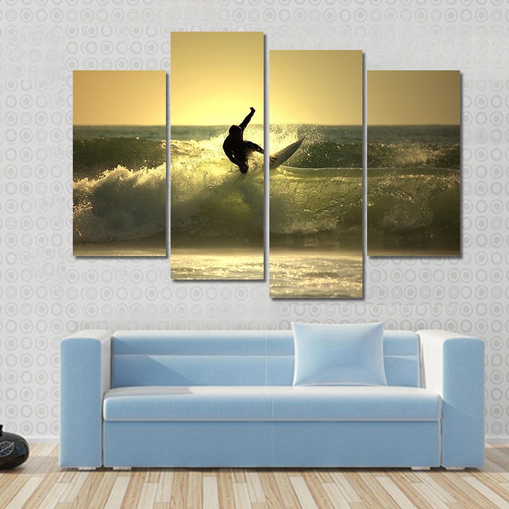 Surfer Surfing At Sunset Canvas Wall Art-4 Pop-Gallery Wrap-50" x 32"-Tiaracle