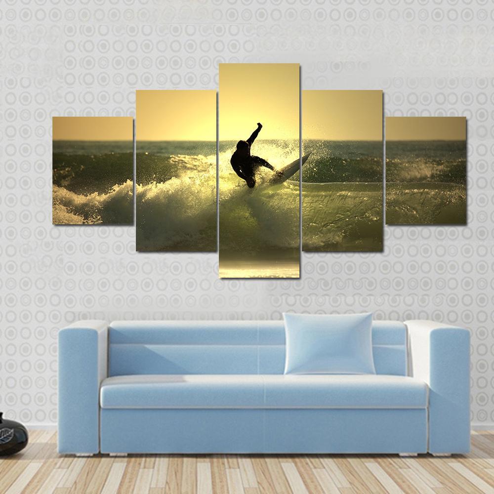 Surfer Surfing At Sunset Canvas Wall Art-5 Star-Gallery Wrap-62" x 32"-Tiaracle