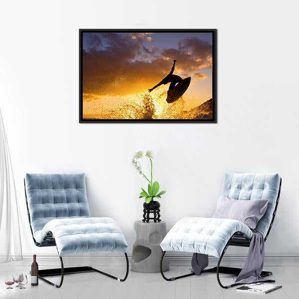 Surfing At Sunset Canvas Wall Art-1 Piece-Floating Frame-24" x 16"-Tiaracle