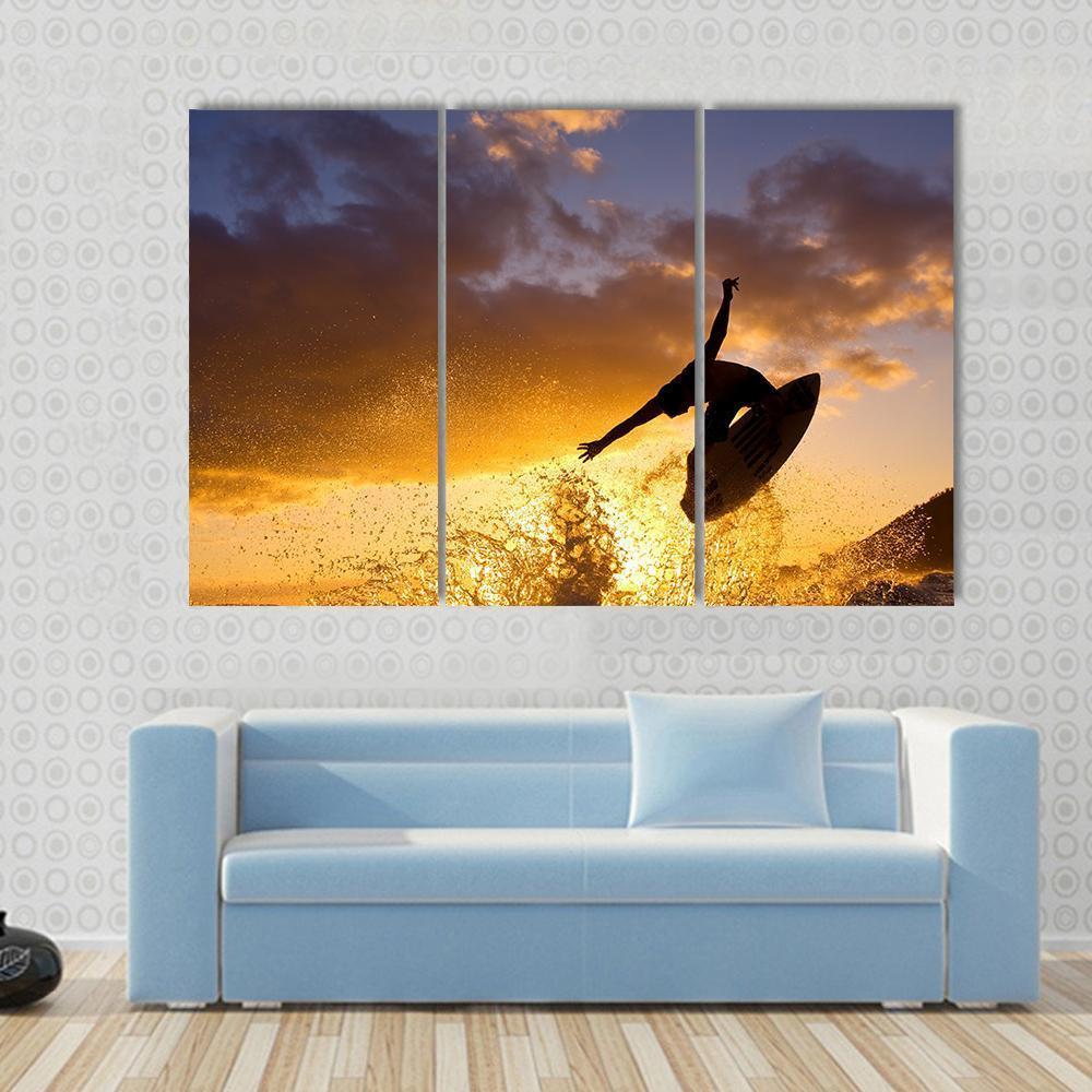 Surfing At Sunset Canvas Wall Art-3 Horizontal-Gallery Wrap-37" x 24"-Tiaracle