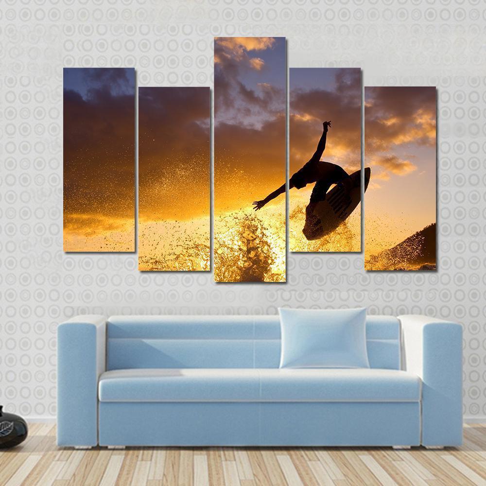 Surfing At Sunset Canvas Wall Art-5 Pop-Gallery Wrap-47" x 32"-Tiaracle