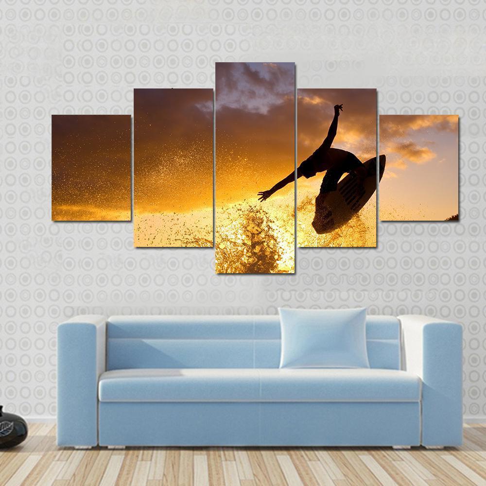 Surfing At Sunset Canvas Wall Art-5 Star-Gallery Wrap-62" x 32"-Tiaracle