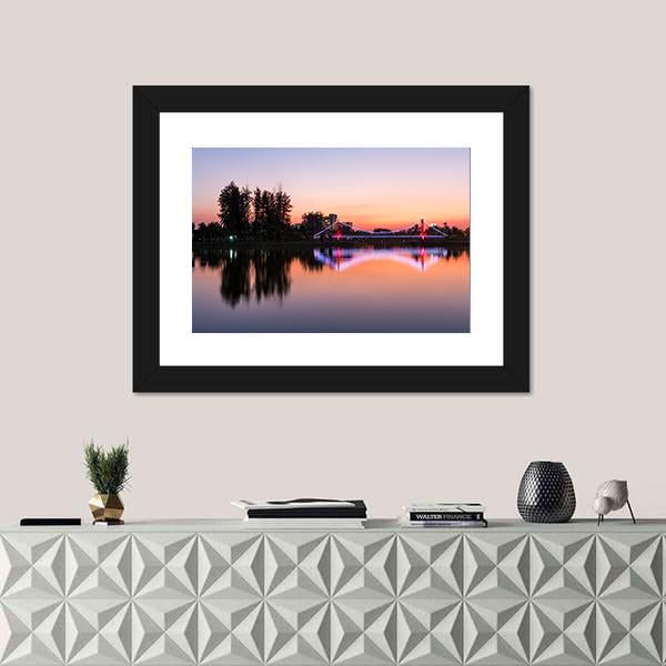 Suspension Bridge In A Park City Canvas Wall Art-1 Piece-Framed Print-20" x 16"-Tiaracle