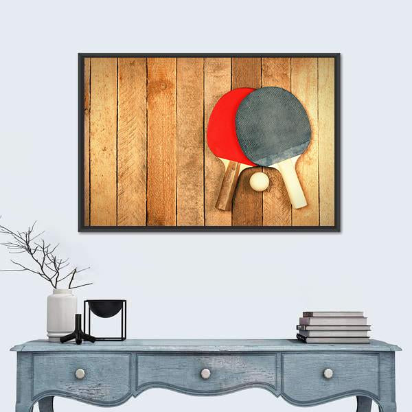 Table Tennis Paddles And Ball On Wooden Texture Canvas Wall Art-1 Piece-Floating Frame-24" x 16"-Tiaracle