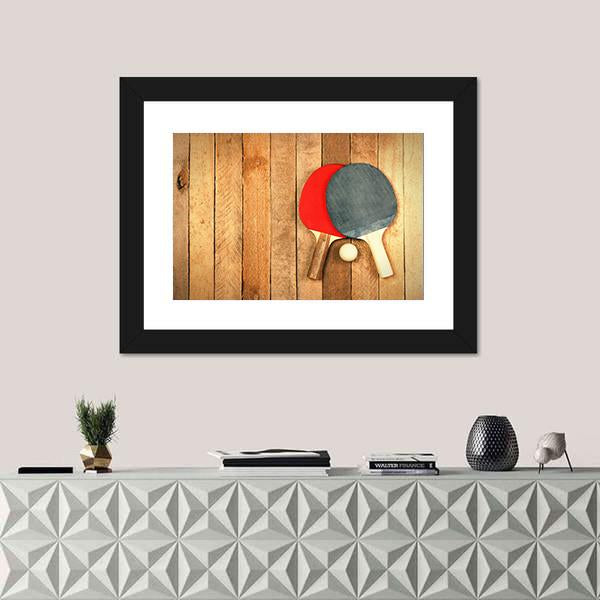 Table Tennis Paddles And Ball On Wooden Texture Canvas Wall Art-1 Piece-Framed Print-20" x 16"-Tiaracle