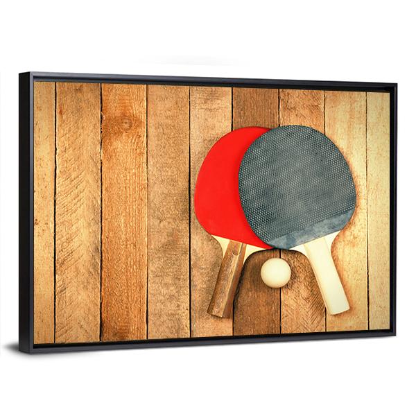 Table Tennis Paddles And Ball On Wooden Texture Canvas Wall Art-3 Horizontal-Gallery Wrap-25" x 16"-Tiaracle