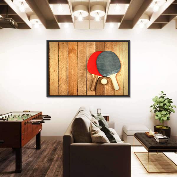 Table Tennis Paddles And Ball On Wooden Texture Canvas Wall Art-3 Horizontal-Gallery Wrap-25" x 16"-Tiaracle