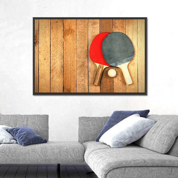 Table Tennis Paddles And Ball On Wooden Texture Canvas Wall Art-3 Horizontal-Gallery Wrap-25" x 16"-Tiaracle