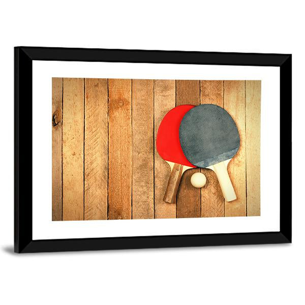 Table Tennis Paddles And Ball On Wooden Texture Canvas Wall Art-3 Horizontal-Gallery Wrap-25" x 16"-Tiaracle