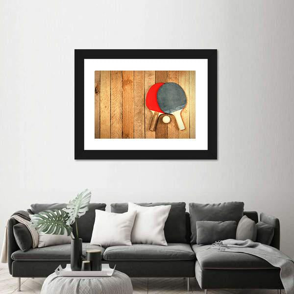 Table Tennis Paddles And Ball On Wooden Texture Canvas Wall Art-3 Horizontal-Gallery Wrap-25" x 16"-Tiaracle