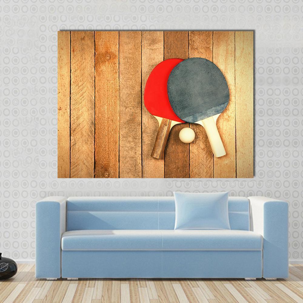 Table Tennis Paddles And Ball On Wooden Texture Canvas Wall Art-1 Piece-Gallery Wrap-48" x 32"-Tiaracle