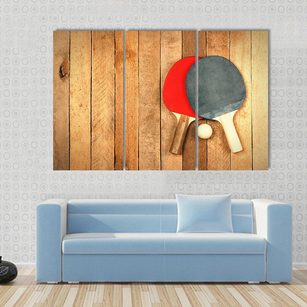 Table Tennis Paddles And Ball On Wooden Texture Canvas Wall Art-3 Horizontal-Gallery Wrap-37" x 24"-Tiaracle