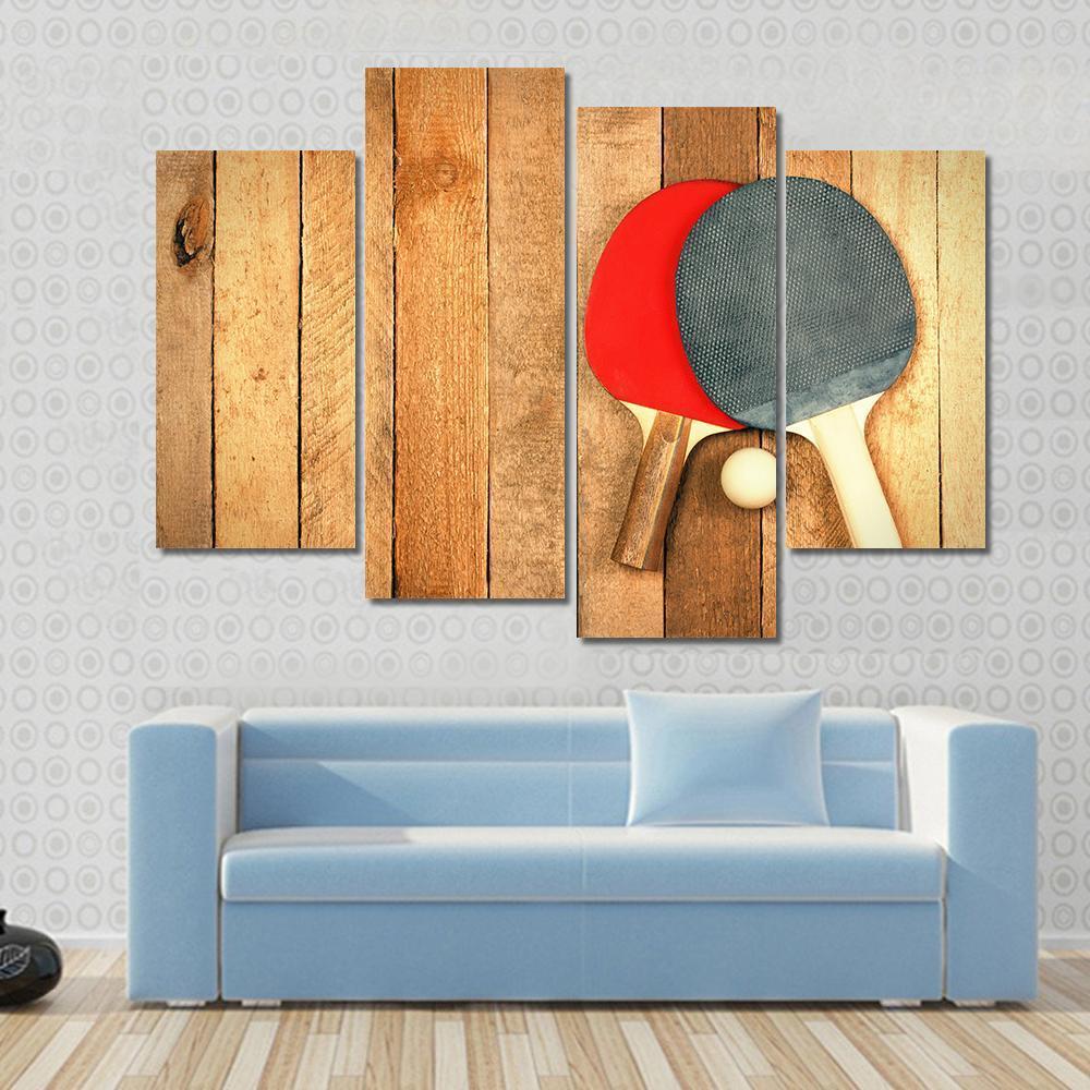 Table Tennis Paddles And Ball On Wooden Texture Canvas Wall Art-4 Pop-Gallery Wrap-50" x 32"-Tiaracle