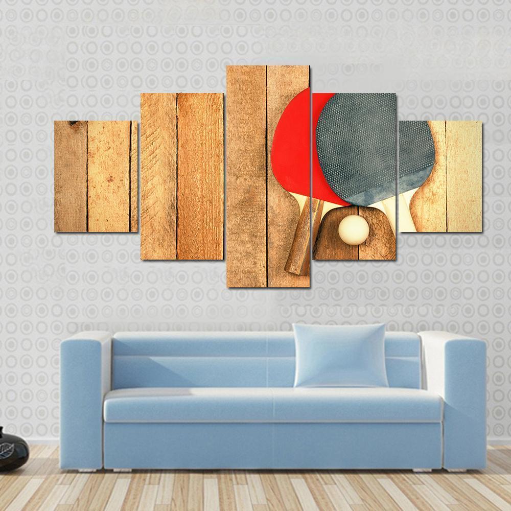 Table Tennis Paddles And Ball On Wooden Texture Canvas Wall Art-5 Star-Gallery Wrap-62" x 32"-Tiaracle