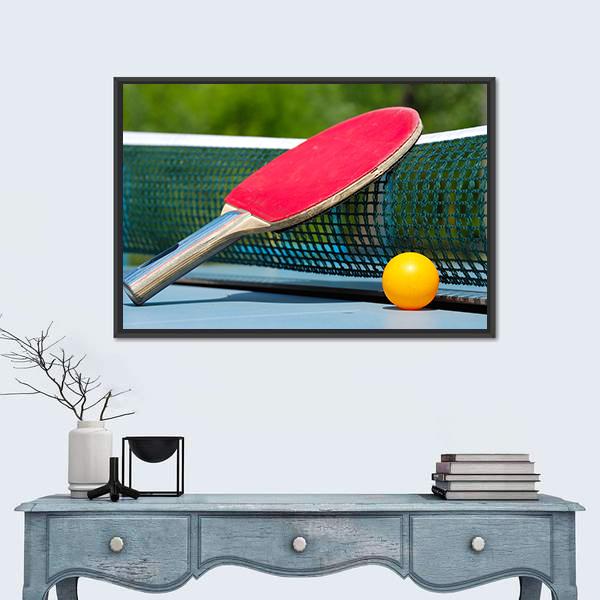 Table Tennis Racket And Ball On Net Canvas Wall Art-1 Piece-Floating Frame-24" x 16"-Tiaracle