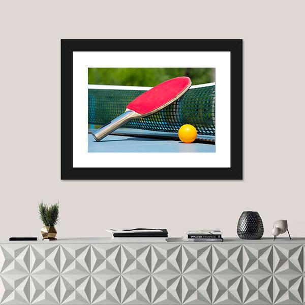 Table Tennis Racket And Ball On Net Canvas Wall Art-1 Piece-Framed Print-20" x 16"-Tiaracle