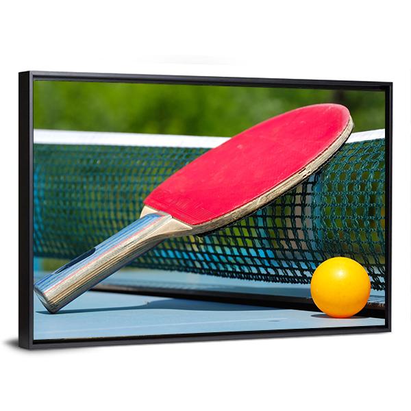 Table Tennis Racket And Ball On Net Canvas Wall Art-3 Horizontal-Gallery Wrap-25" x 16"-Tiaracle