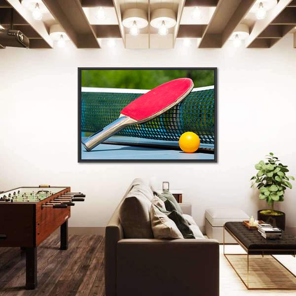 Table Tennis Racket And Ball On Net Canvas Wall Art-3 Horizontal-Gallery Wrap-25" x 16"-Tiaracle