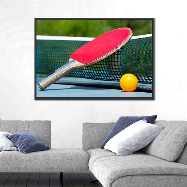 Table Tennis Racket And Ball On Net Canvas Wall Art-3 Horizontal-Gallery Wrap-25" x 16"-Tiaracle