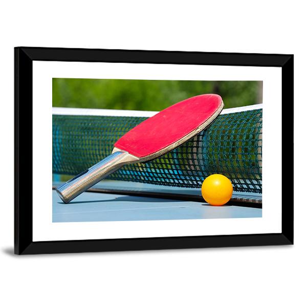 Table Tennis Racket And Ball On Net Canvas Wall Art-3 Horizontal-Gallery Wrap-25" x 16"-Tiaracle