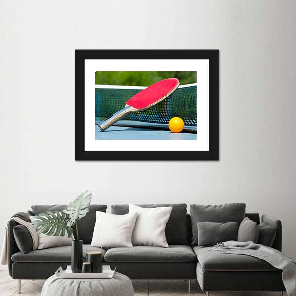 Table Tennis Racket And Ball On Net Canvas Wall Art-3 Horizontal-Gallery Wrap-25" x 16"-Tiaracle