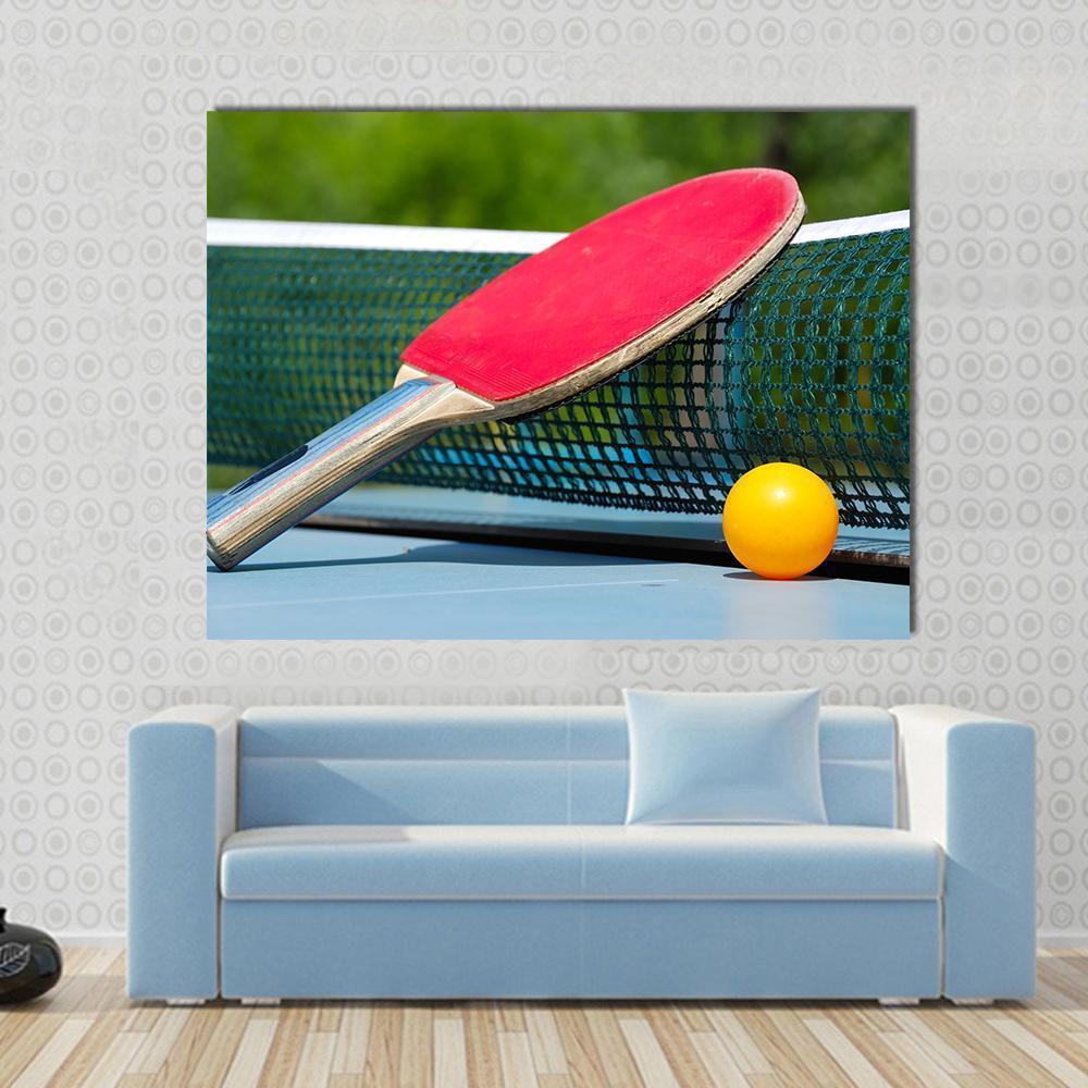 Table Tennis Racket And Ball On Net Canvas Wall Art-1 Piece-Gallery Wrap-48" x 32"-Tiaracle